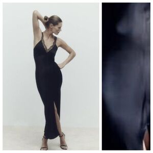 NWT. Zara Black Lace Satin Effect V-neck Slip Midi Dress. Size XS.